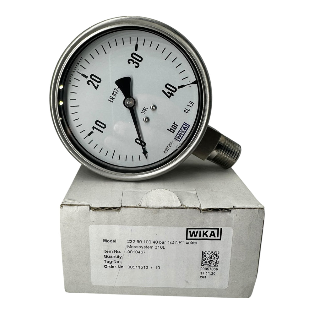 WIKA Manometer 232.50.100 0–40 bar 1/2” NPT unten Edelstahl 316L Klasse 1.0