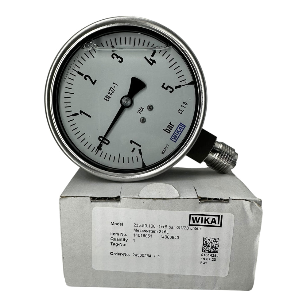 WIKA Manometer 233.50.100 -1…+5 bar G1/2B unten Edelstahl 316L Klasse 1.0