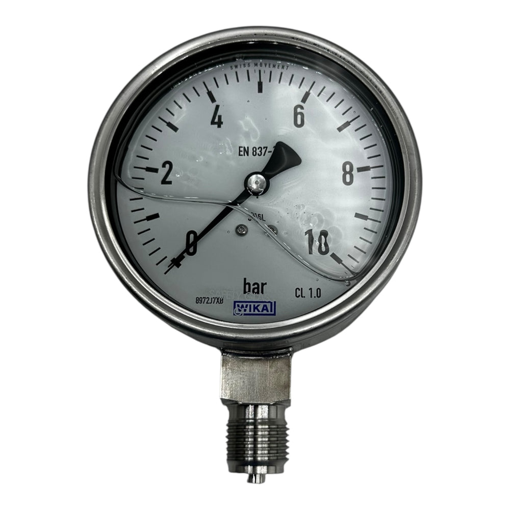WIKA Manometer 0–10 bar G1/2B unten Ø100mm Edelstahl 316L Druckmesser CL 1.0