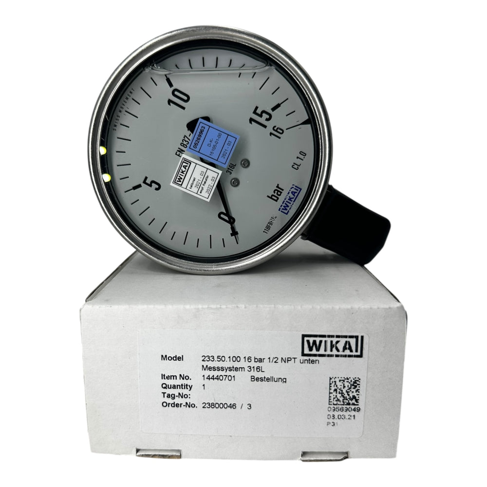 WIKA Manometer 233.50.100 0–16 bar 1/2” NPT unten Edelstahl 316L Klasse 1.0