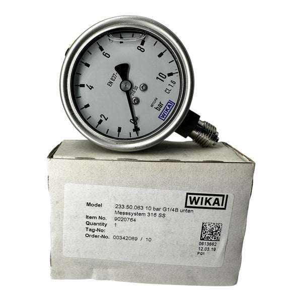 WIKA Manometer 233.50.063 10 bar G1/4B unten Ø63mm Edelstahl 316SS Druckmesser
