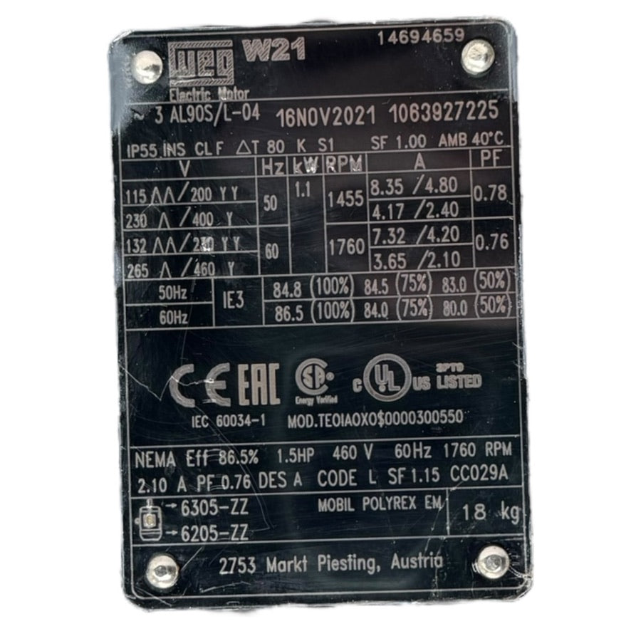 WEG Watt Drive W21 SUA507B Schneckengetriebe Drehstrommotor 1,1kW 1455RPM BG90 B32