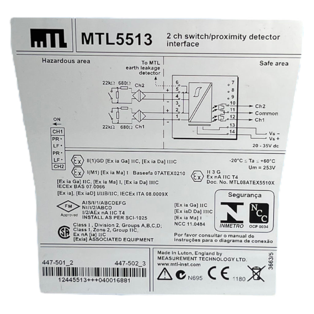 MTL5513 Zenerbarriere 2-kanalig NAMUR-Sensor Schalter 20→35VDC 14mA max. 10.5V