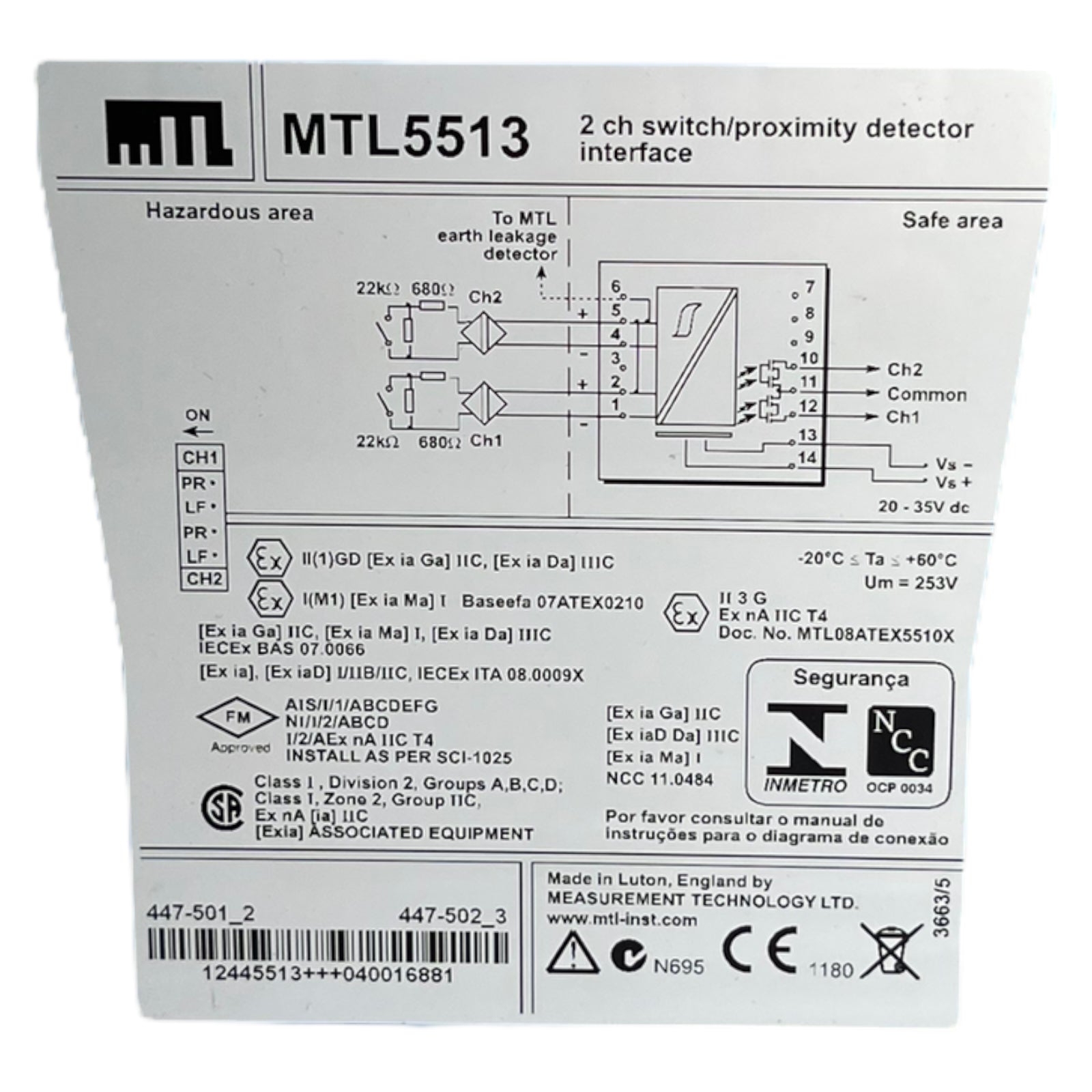 MTL5513 Zenerbarriere 2-kanalig NAMUR-Sensor Schalter 20→35VDC 14mA max. 10.5V