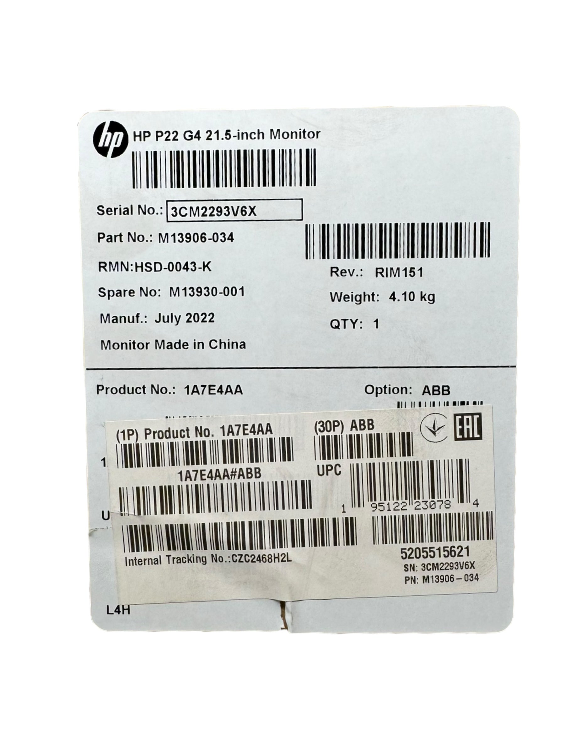 HP P22G4 M13906034 HSD0043K Monitor 21.5"  1920x1080 19W 100-240V