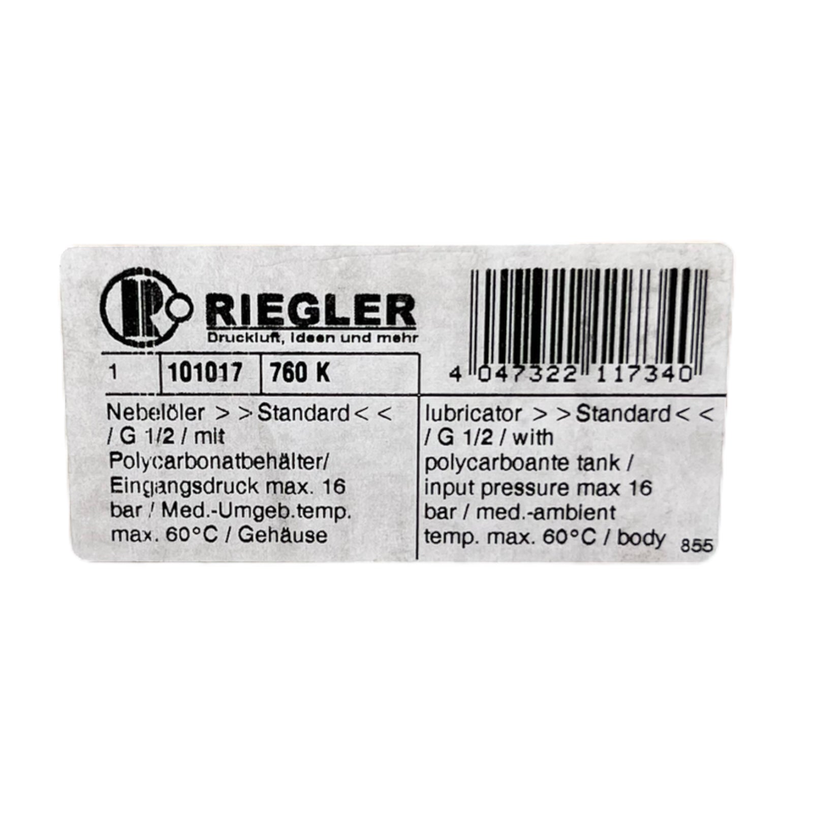 Riegler 101017 760K Nebelöler Standard G 1/2 Polycarbonatbehälter max 16bar