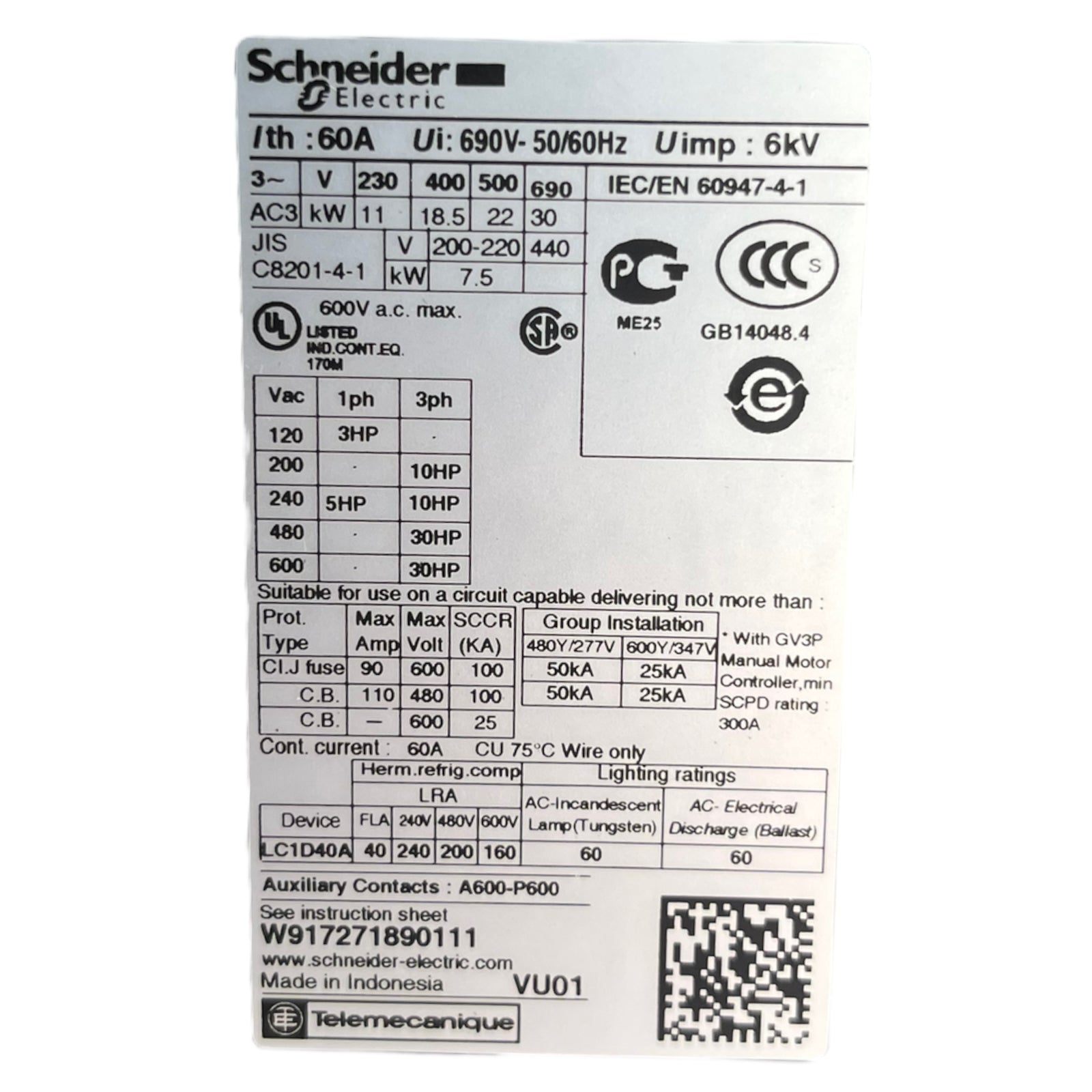 Schneider Electric LC1D40A Leistungsschütz 3p 1S+1Ö 18.5 kW, 40 A, 400 V AC3