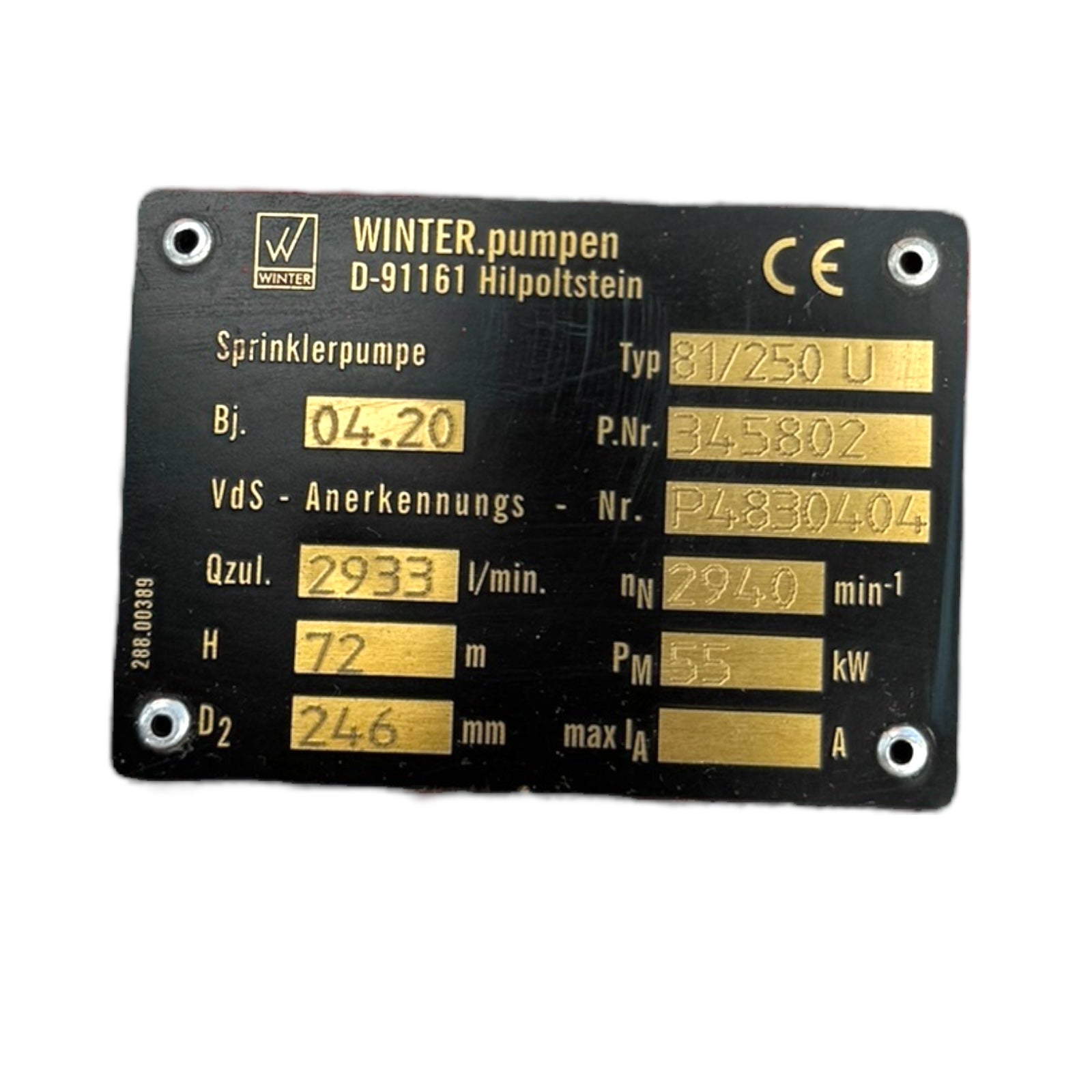 Winter ACM250M-2PHE 81/250U 81/250 REC250-SH-SDG-055 Sprinkler-Pumpe 55kW