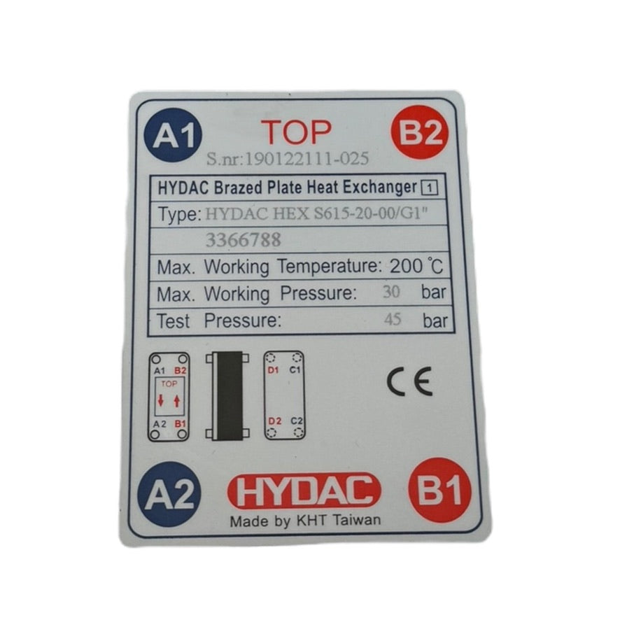HYDAC HEX S615-20-00/G1" 3366788 Plattenwärmetauscher 200°C 30bar G1"