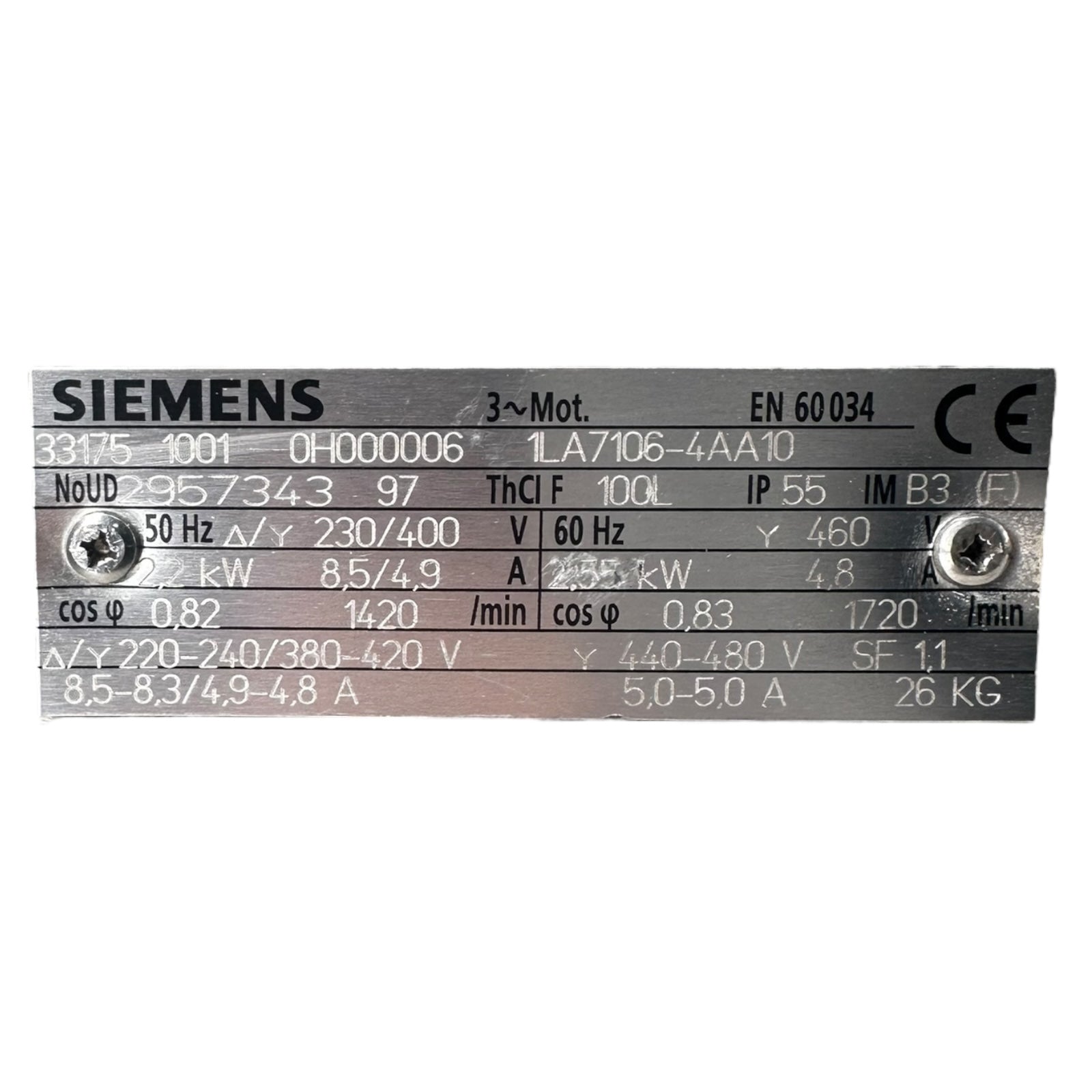 Siemens 1LA7106-4AA10 Drehstrommotor 2.2kW 1420/min IP55 B3 230/400V
