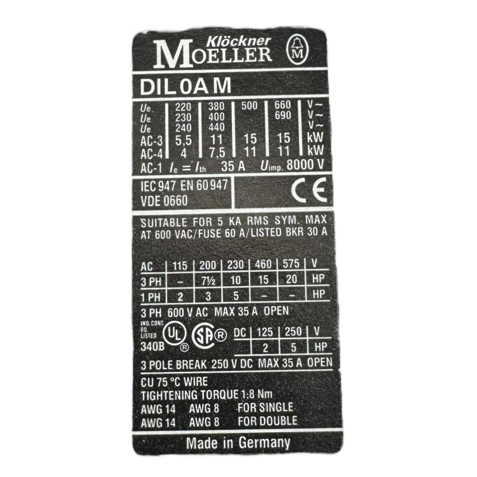Klöckner Moeller DIL00BM Leistungsschütz Contactor 7,5kW 400V Spule 230V