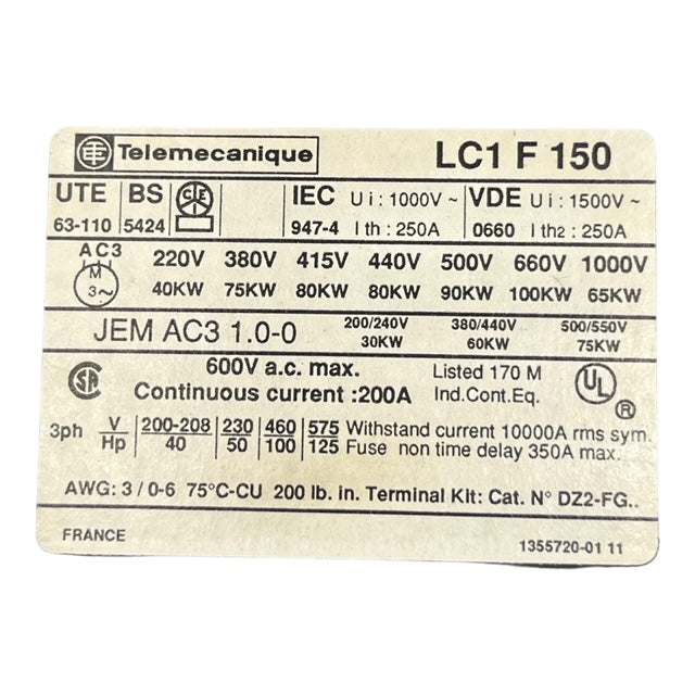 Telemecanique LF1C150 Leistungsschütz Schütz Contactor 150A 75kW 220/230V 3p