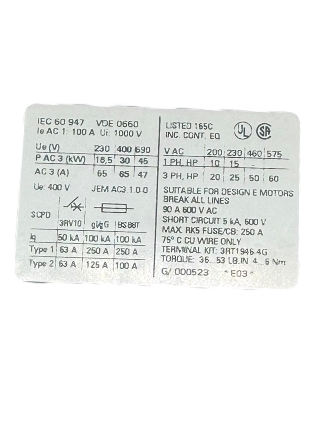 Siemens 3RT1044-3AL20 Sirius Leistungsschütz Contactor 65A 2S+2Ö 30kW 230V 50/60Hz 3P