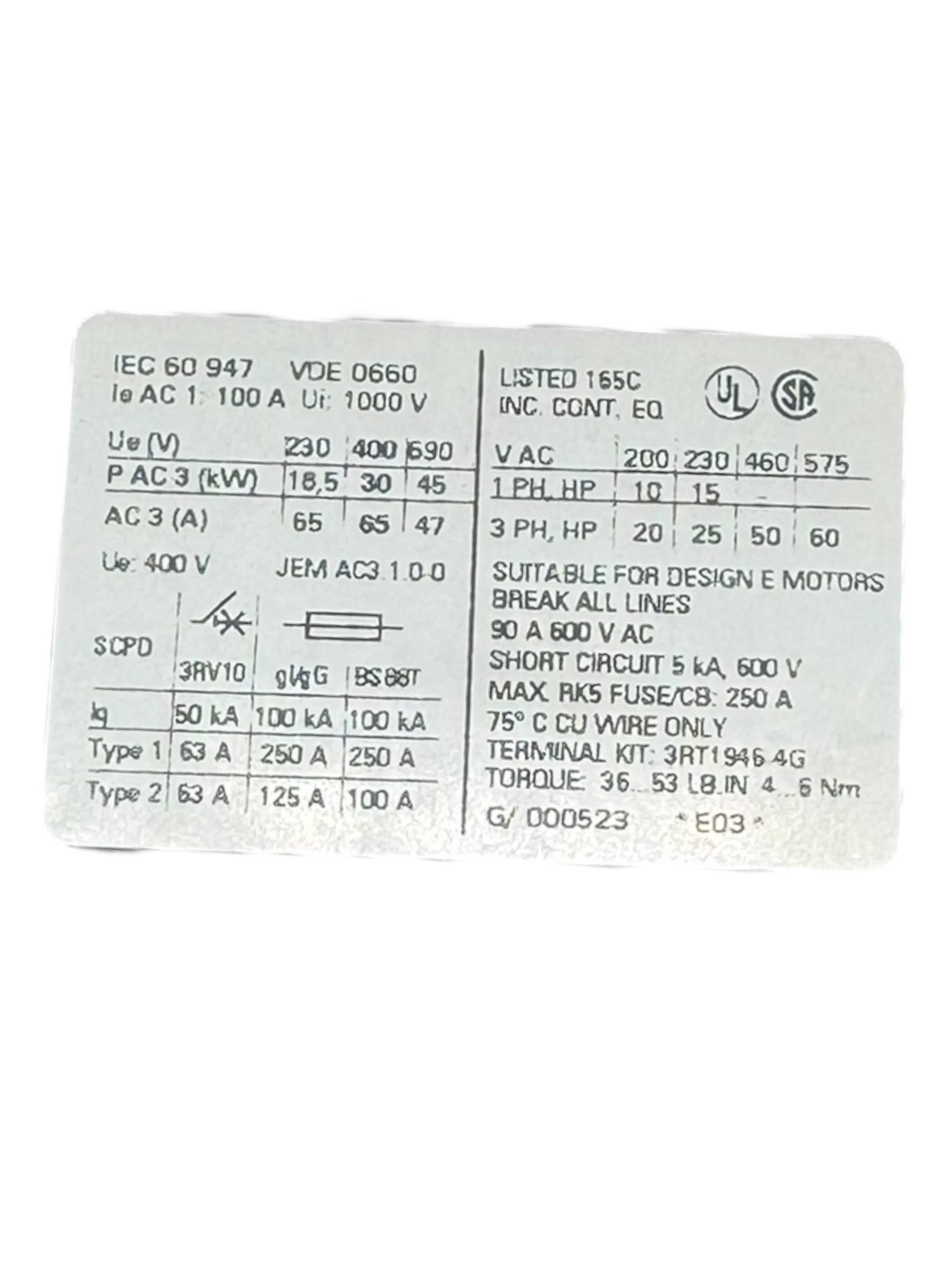 Siemens 3RT1044-3AL20 Sirius Leistungsschütz Contactor 65A 2S+2Ö 30kW 230V 50/60Hz 3P