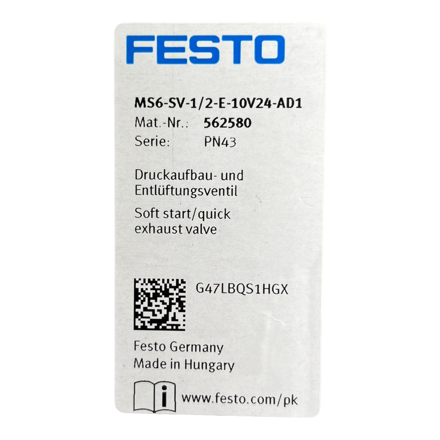 Festo MS6-SV-1/2-E-10V24-AD1 Druckaufbau-Entlüftungsventil G47LBQS1HGX 562580