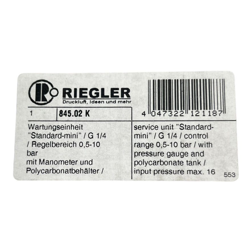 Riegler 84502K Wartungseinheit G1/4 3-teilig 0,5-10bar PC-Behälter+Manometer