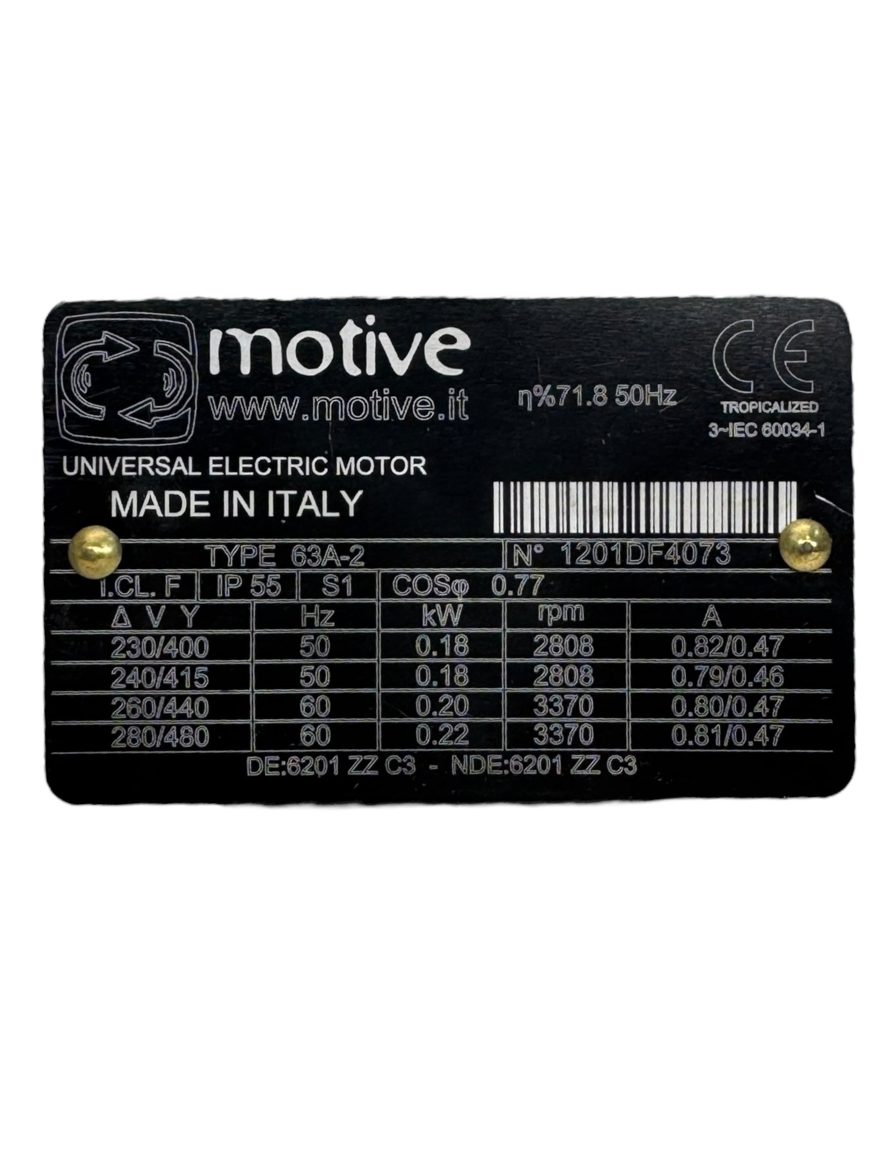 Motive 63A-2 1201DF4073 Electric Motor 1Phase Motor  0,18kW 2824rpm 230/400V