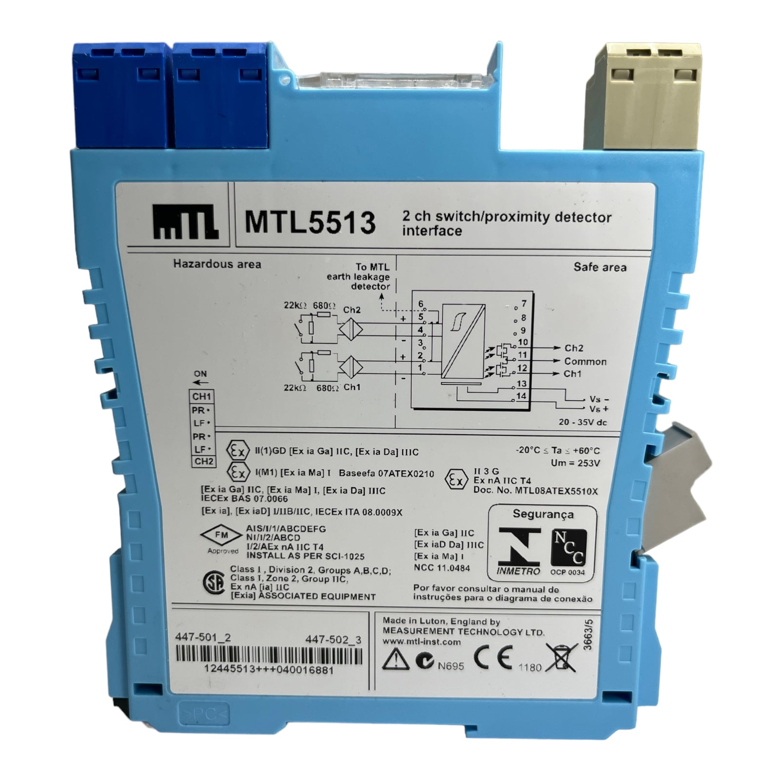 MTL5513 Zenerbarriere 2-kanalig NAMUR-Sensor Schalter 20→35VDC 14mA max. 10.5V