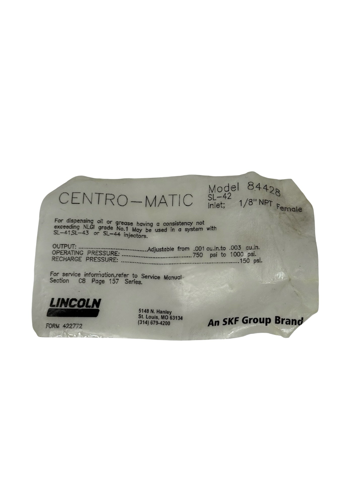 SKF Lincoln Centro-Matic SL-42 Verteiler 084428-4 Schmierverteiler 4-fach 1/8"