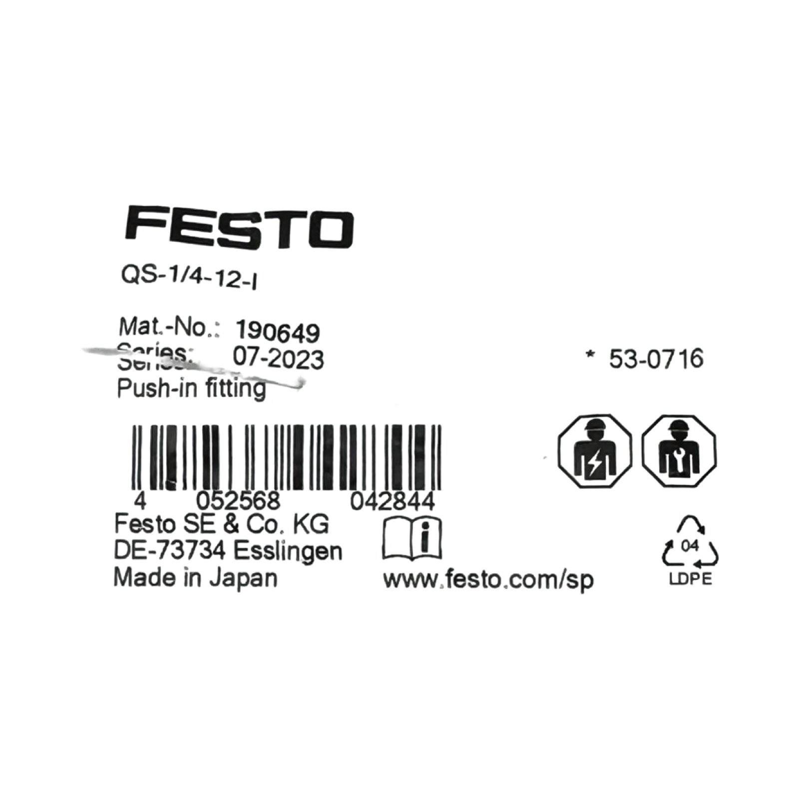 8x Festo QS-1/4-12-I Steckverschraubung 1/4” auf 12mm Push-In 190649