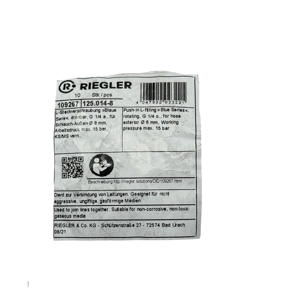 50x Riegler 109267 125.014-8 L-Steckverschraubung G1/4 Ø8mm Pneumatik