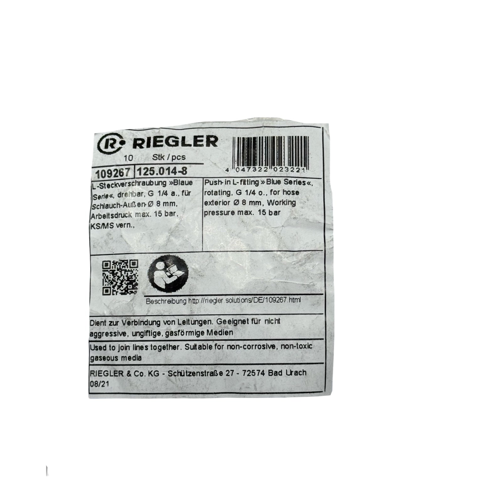 50x Riegler 109267 125.014-8 L-Steckverschraubung G1/4 Ø8mm Pneumatik
