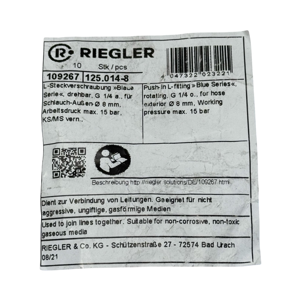 50x Riegler 109267 125.014-8 L-Steckverschraubung G1/4 Ø8mm Pneumatik