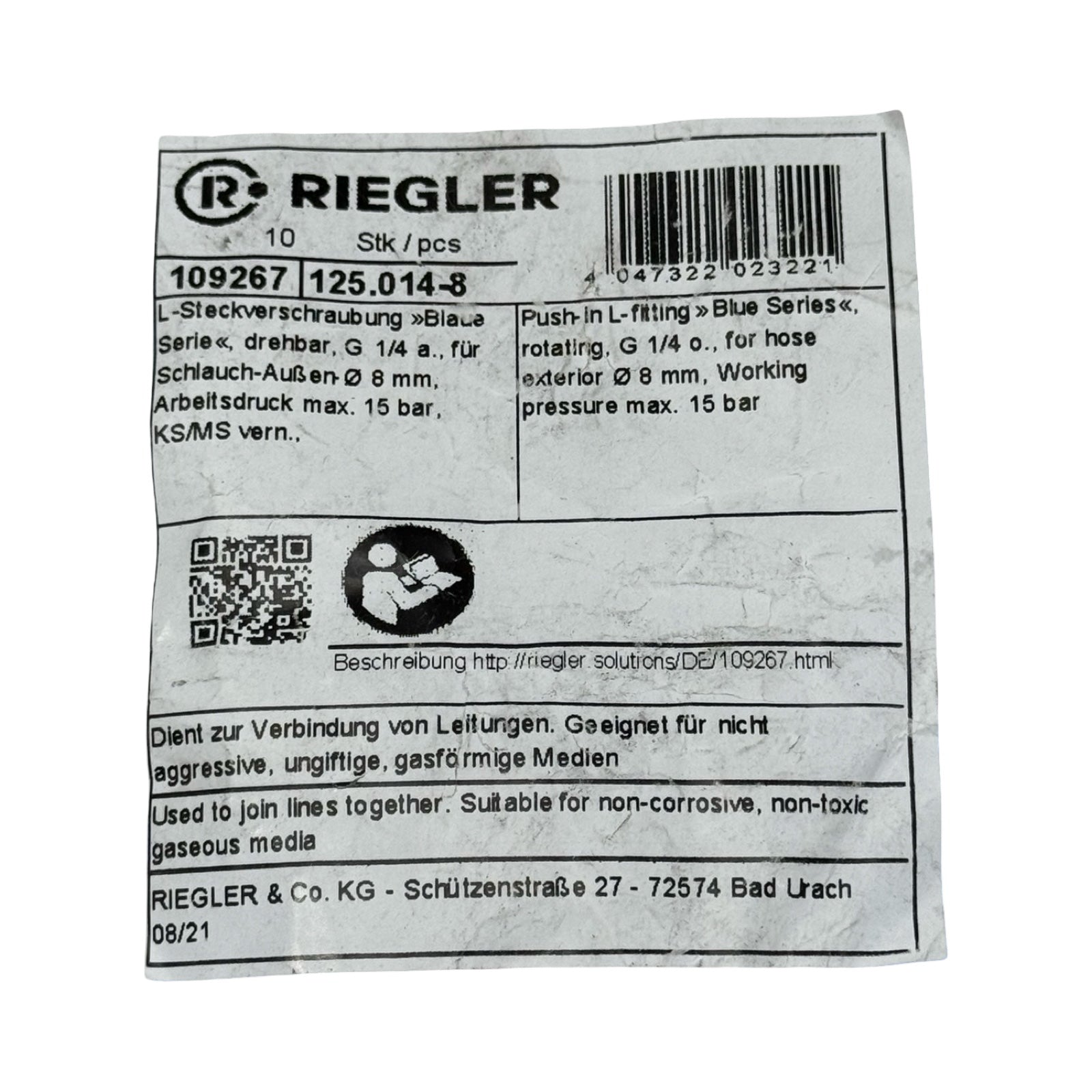 50x Riegler 109267 125.014-8 L-Steckverschraubung G1/4 Ø8mm Pneumatik