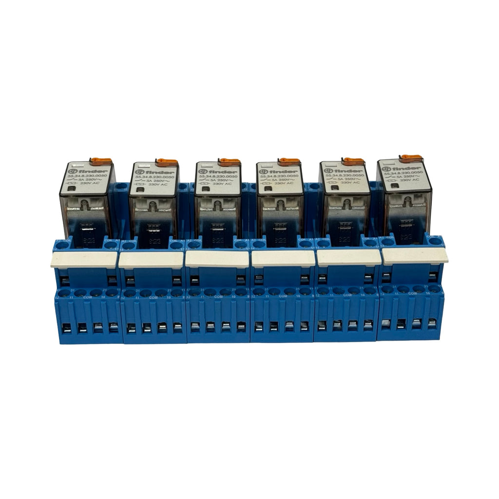 6x Finder 55.34.8.230.0050 Steckrelais 230V AC mit Sockel 94.84.1 Relaismodul