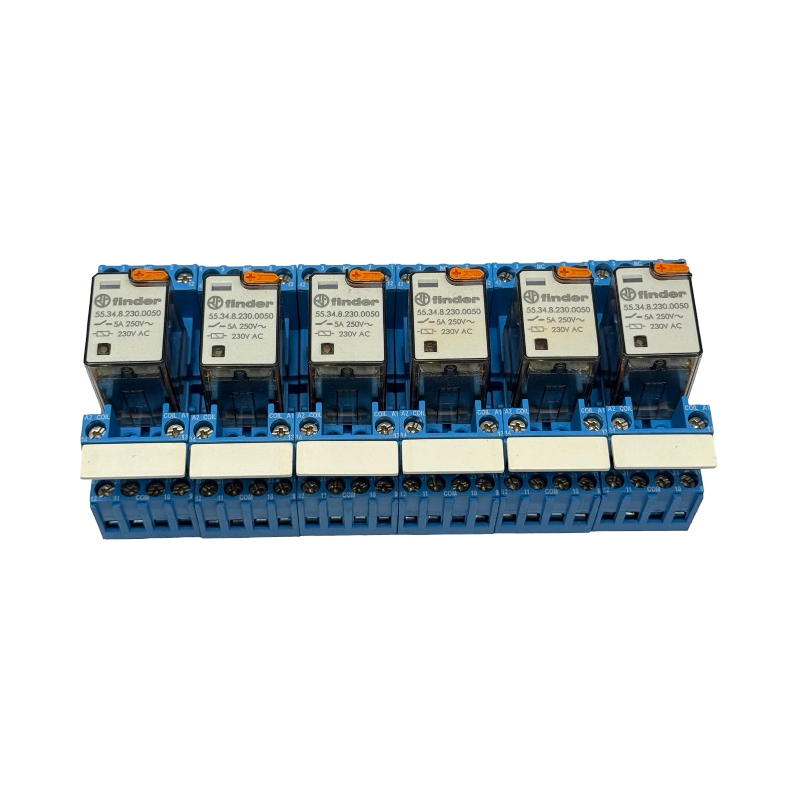 6x Finder 55.34.8.230.0050 Steckrelais 230V AC mit Sockel 94.84.1 Relaismodul