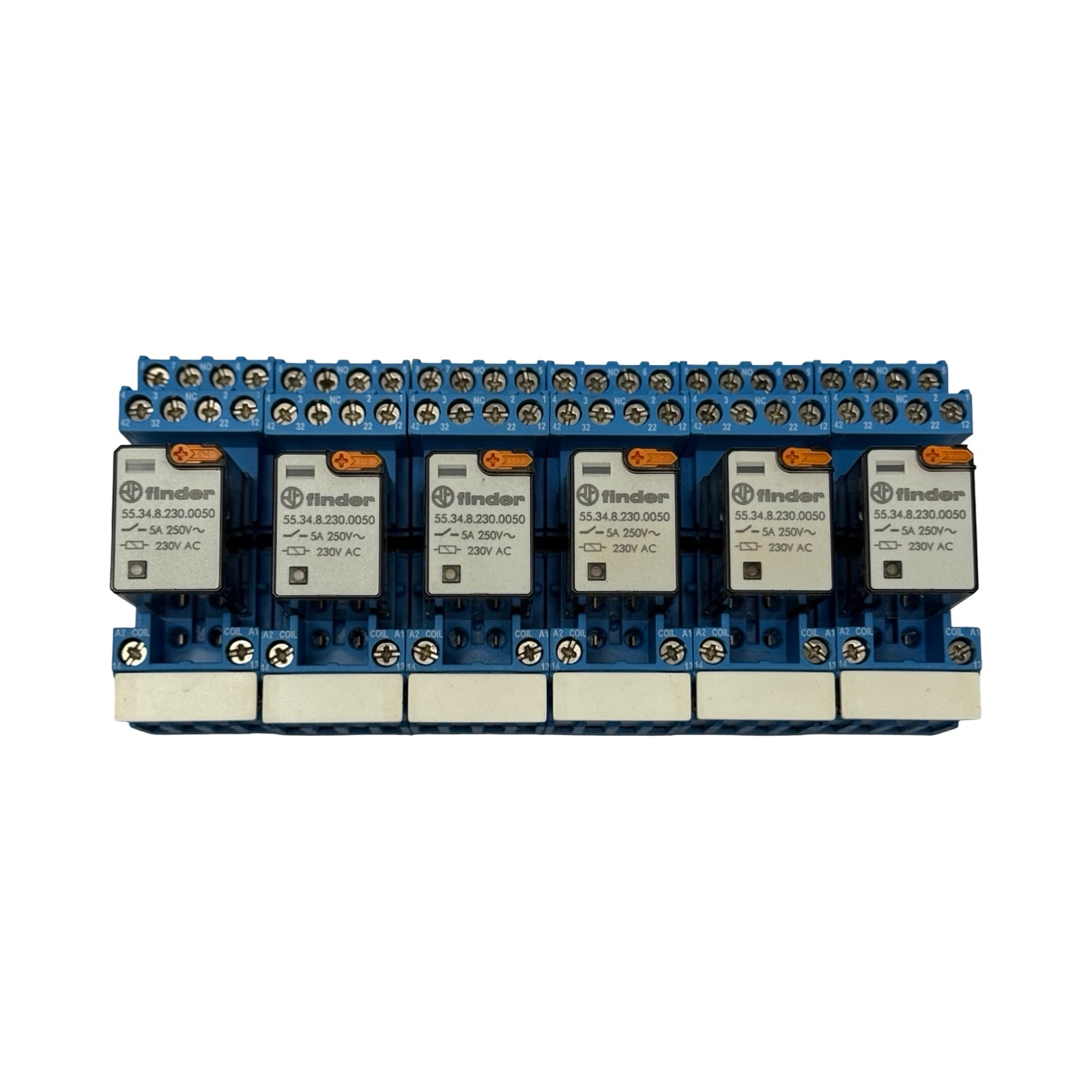6x Finder 55.34.8.230.0050 Steckrelais 230V AC mit Sockel 94.84.1 Relaismodul