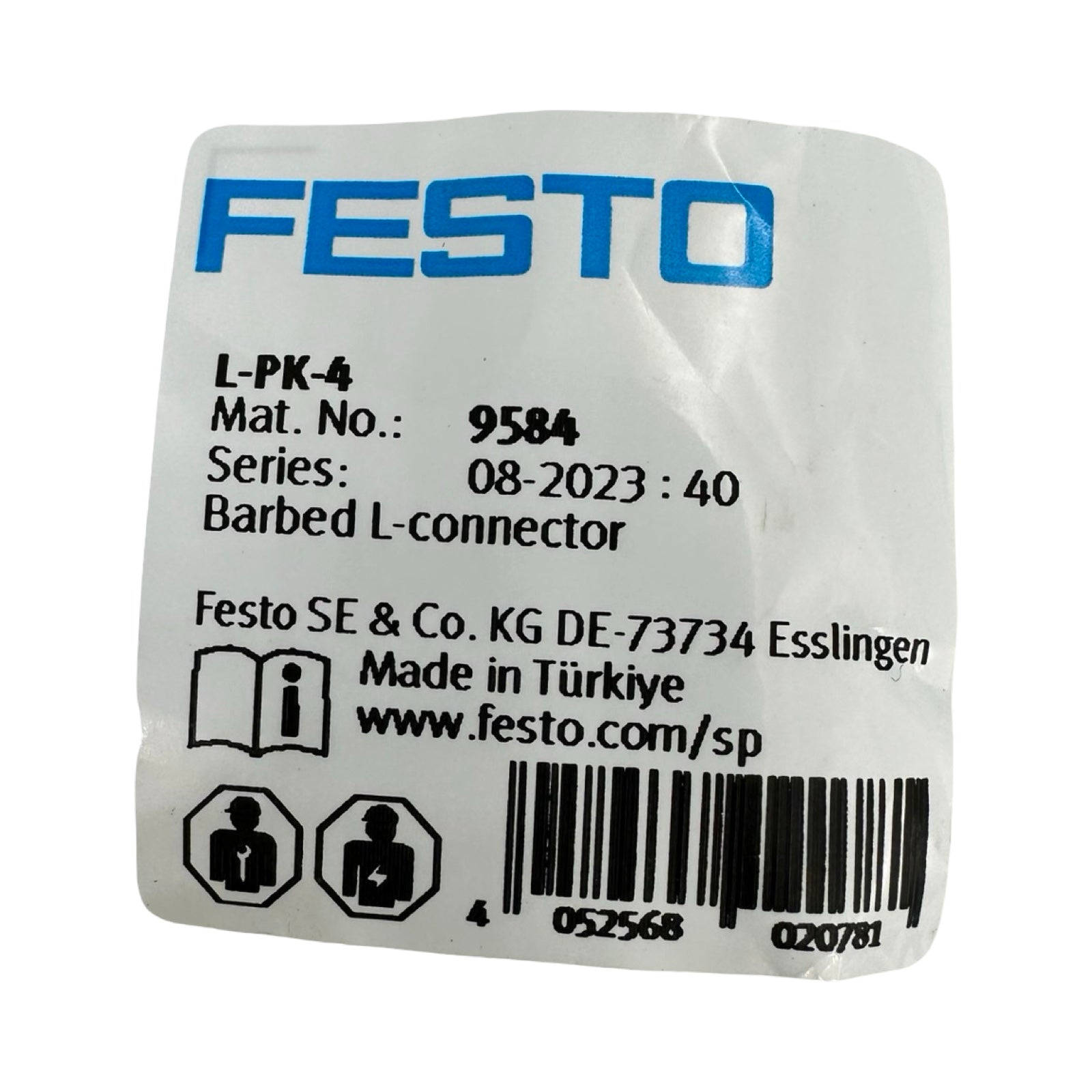 8x Festo L-PK-4 9584 Schlauchverbinder Winkel 4mm Barbed L-Connector Neu