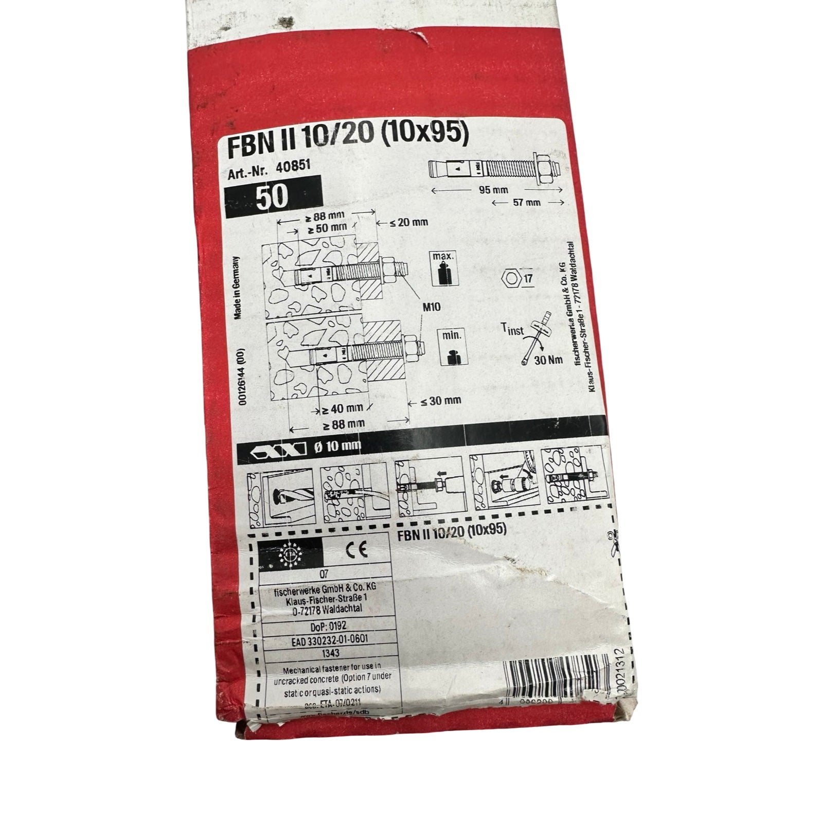 50x Fischer FBN II 10/20 10x95 Schwerlastanker Bolzenanker M10 50Stk 40851