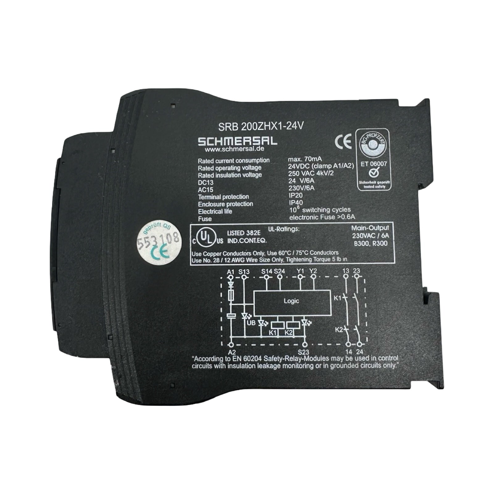Schmersal SRB 200ZHX1-24V Sicherheitsrelais Safety Relay Modul 24VDC 2 NO