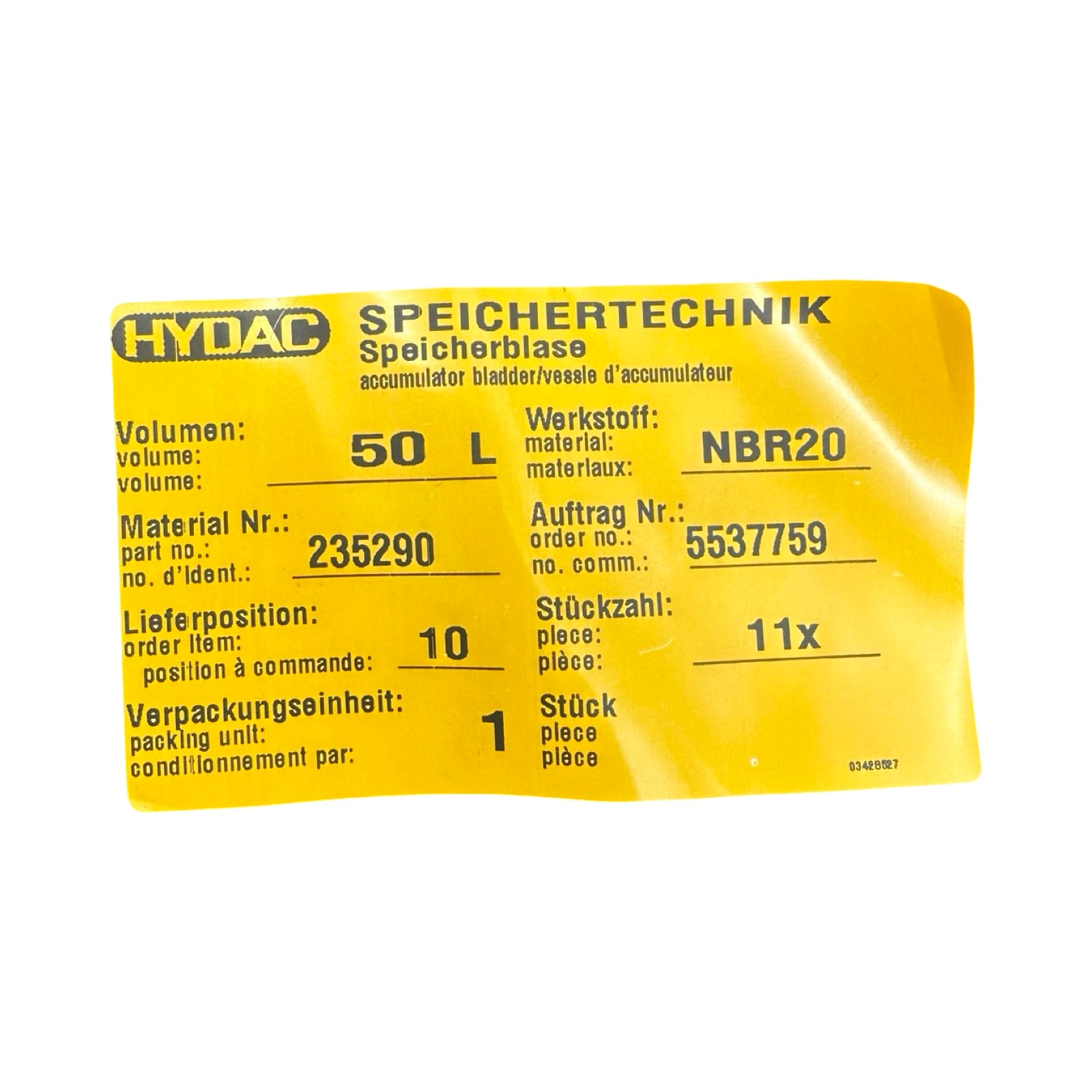 HYDAC Speicherblase 50L NBR20 235290 Blasenspeicher Hydraulikspeicher Membran