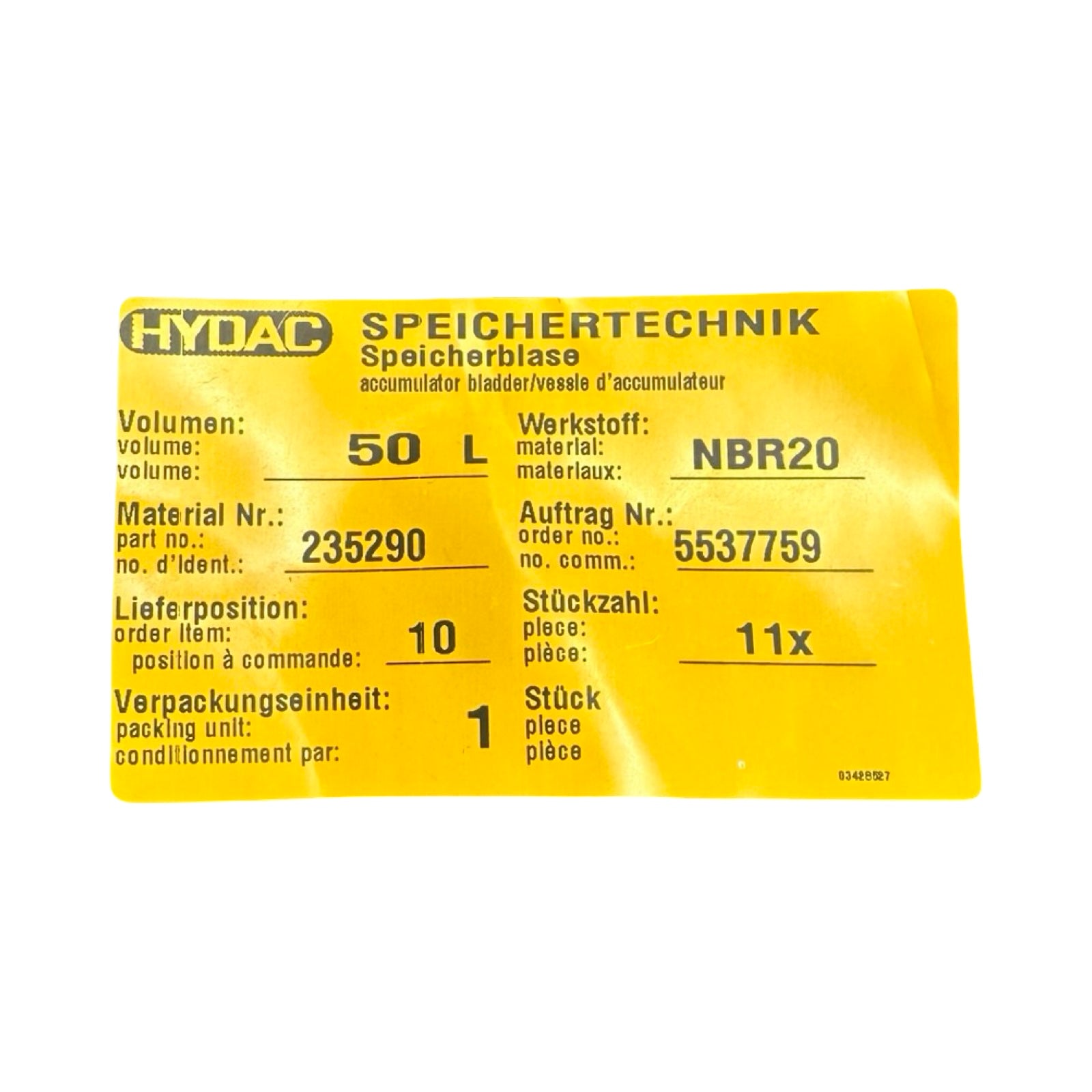 HYDAC Speicherblase 50L NBR20 235290 Blasenspeicher Hydraulikspeicher Membran
