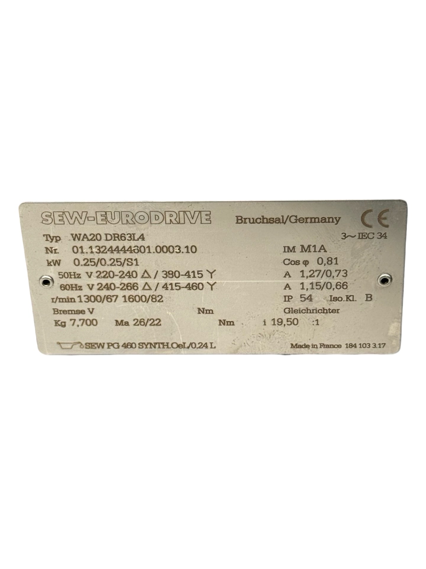 SEW Eurodrive WA20 DR63L4 Getriebemotor 0,25kW i19,5 Drehstrom Motor