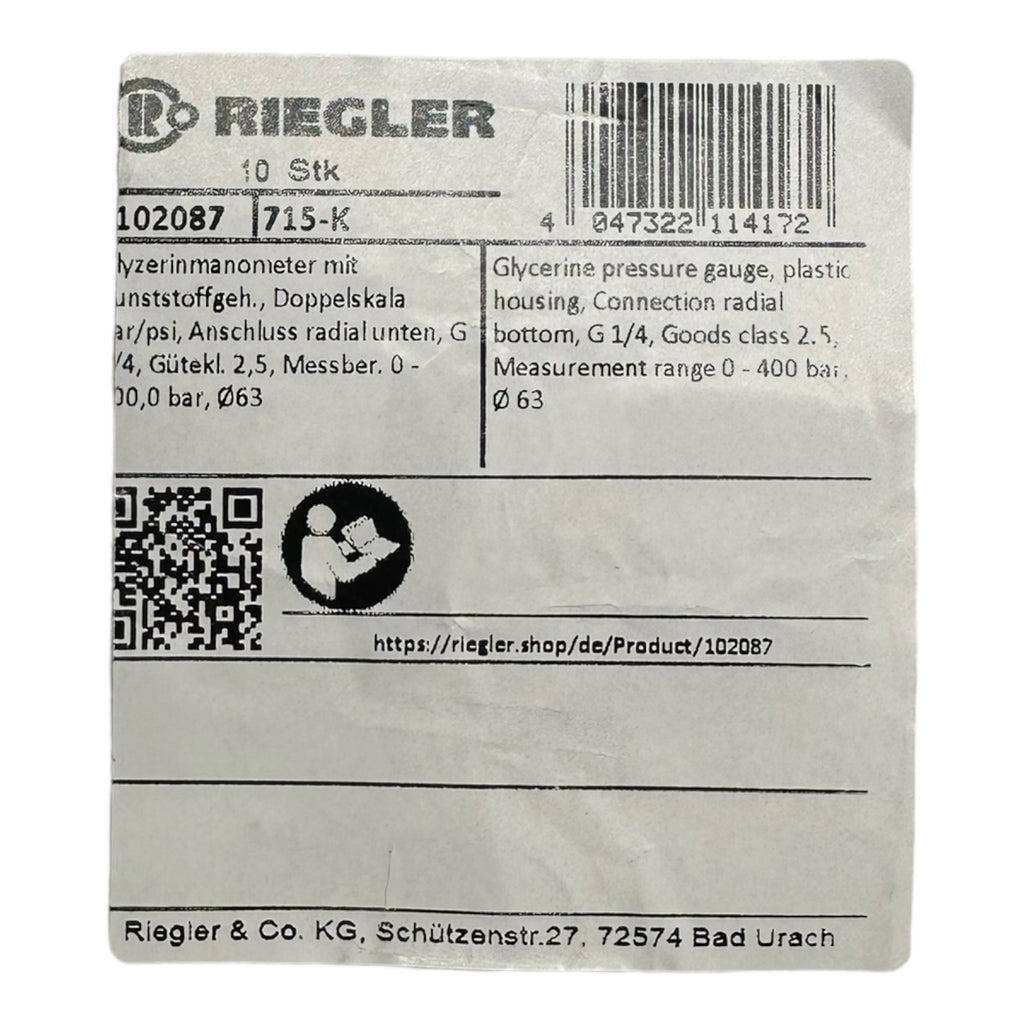 WIKA / RIEGLER Glyzerinmanometer bar/psi 63 mm, G1/4 senkrecht, 0-400bar 715-K