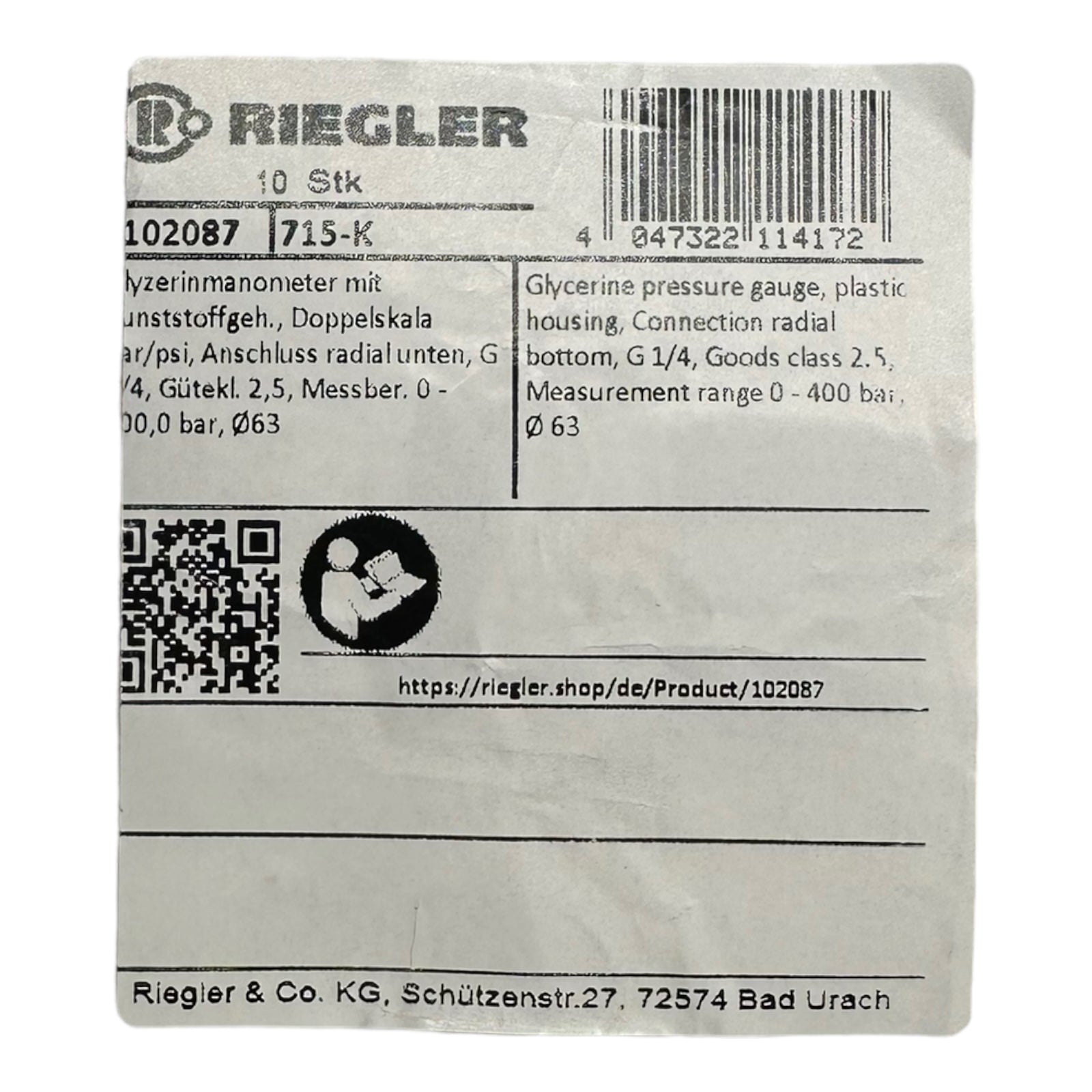 WIKA / RIEGLER Glyzerinmanometer bar/psi 63 mm, G1/4 senkrecht, 0-400bar 715-K