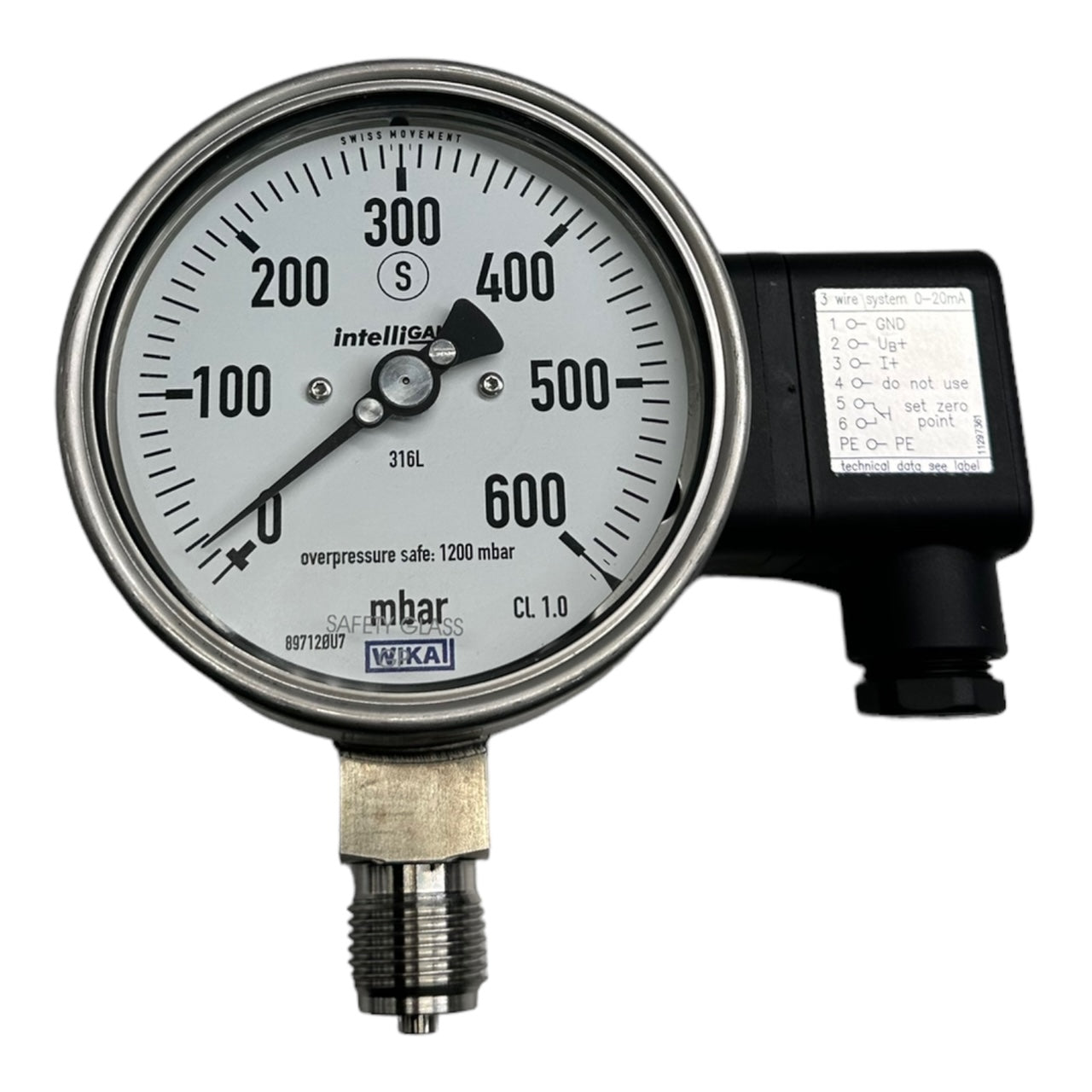 WIKA PGT23.100 Manometer mit Ausgangssignal G1/2 unten 0-600mbar