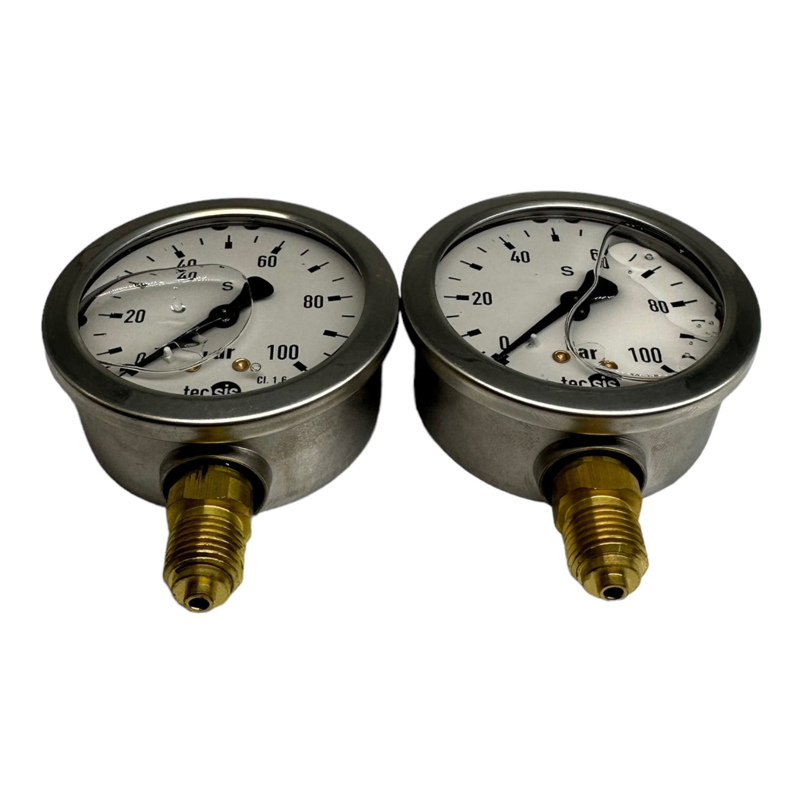 2x Tecsis Glycerin Manometer senkrecht 1/4" AG 0-100bar Ø 63mm Anschluß unten