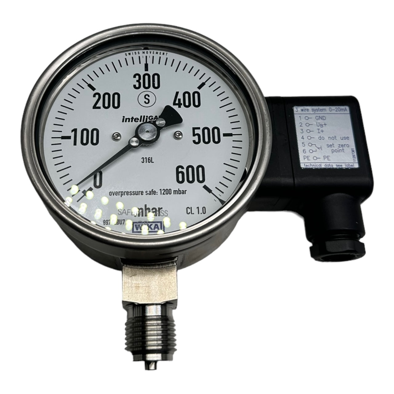 WIKA PGT23.100 Manometer mit Ausgangssignal G1/2 unten 0-600mbar