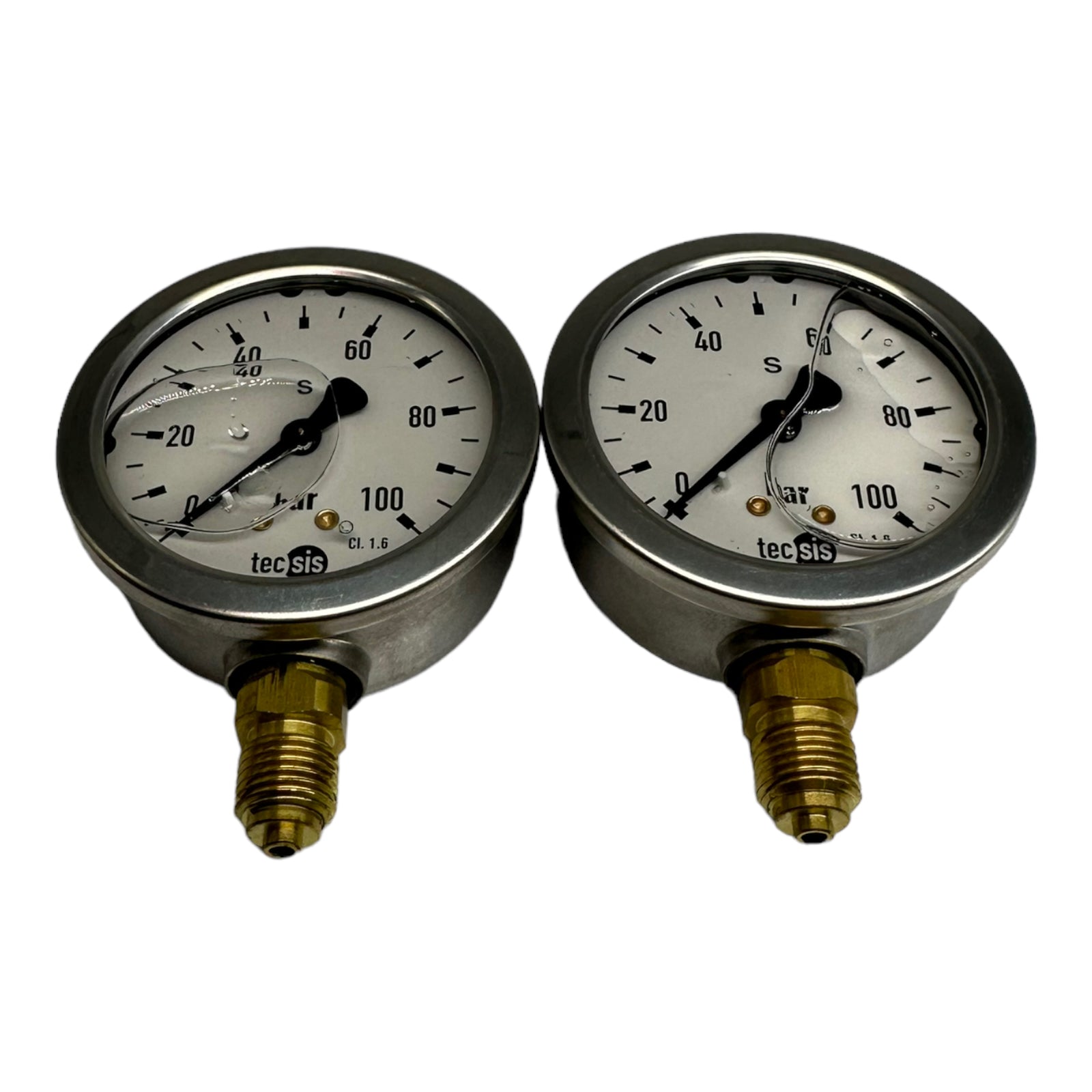 2x Tecsis Glycerin Manometer senkrecht 1/4" AG 0-100bar Ø 63mm Anschluß unten