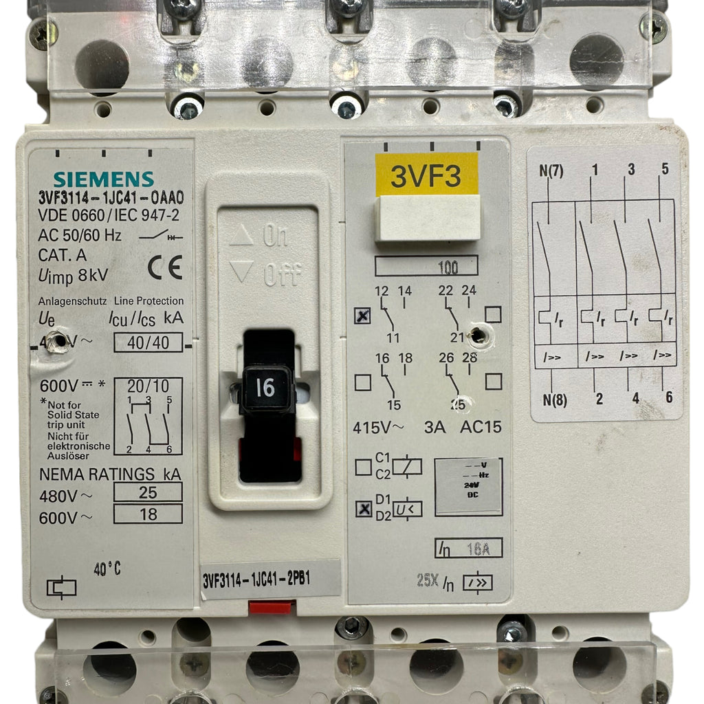 SIEMENS 3VF3114-1JC41-0AA0 Leistungsschalter, Alarmschalter 4polig, 16A, 415V