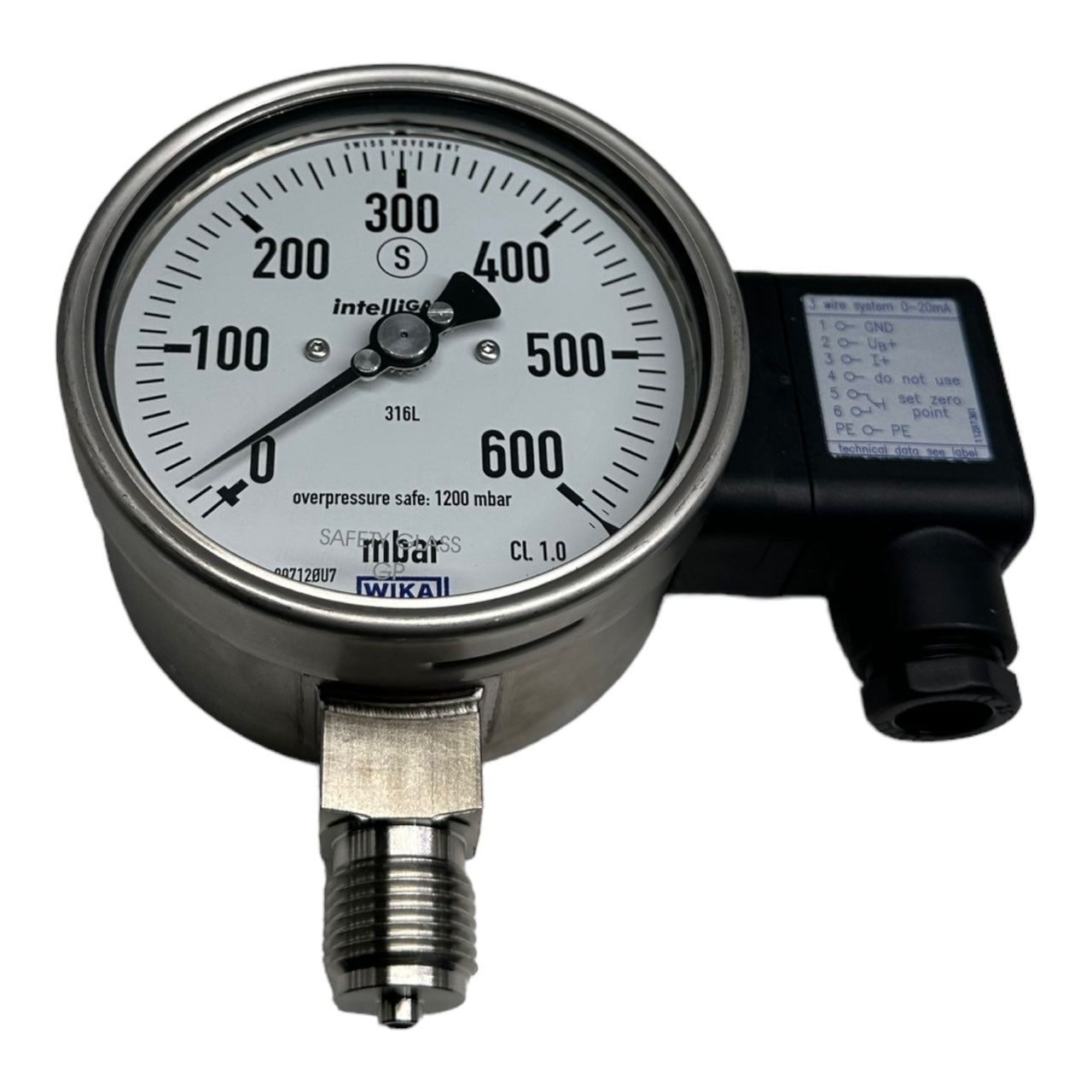 WIKA PGT23.100 Manometer mit Ausgangssignal G1/2 unten 0-600mbar