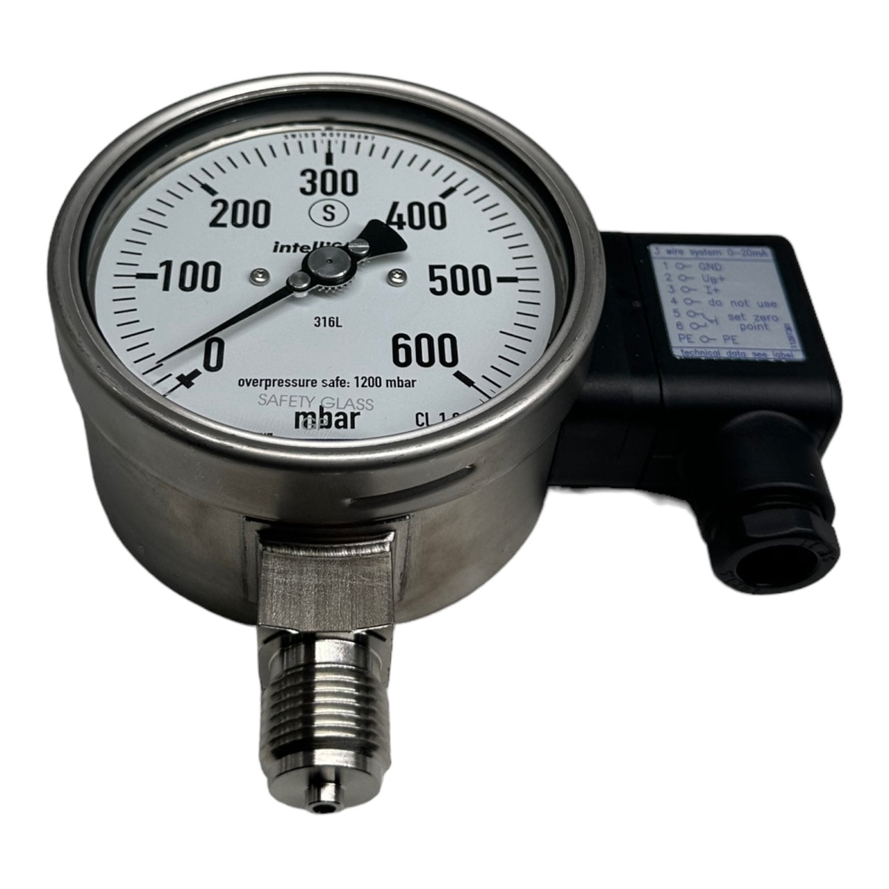 WIKA PGT23.100 Manometer mit Ausgangssignal G1/2 unten 0-600mbar