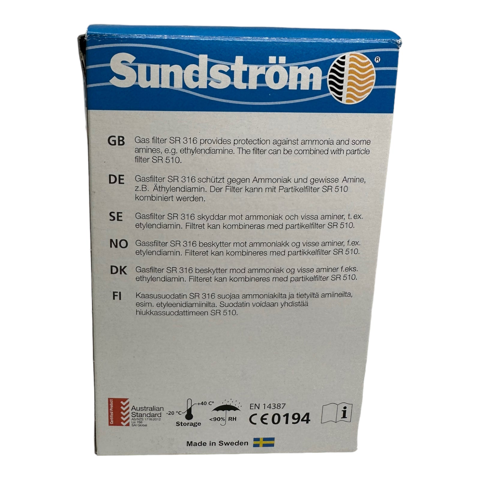 5x Sundström SR316 Gasfilter K1 Klasse 1, Filter Kartusche gegen Ammoniak
