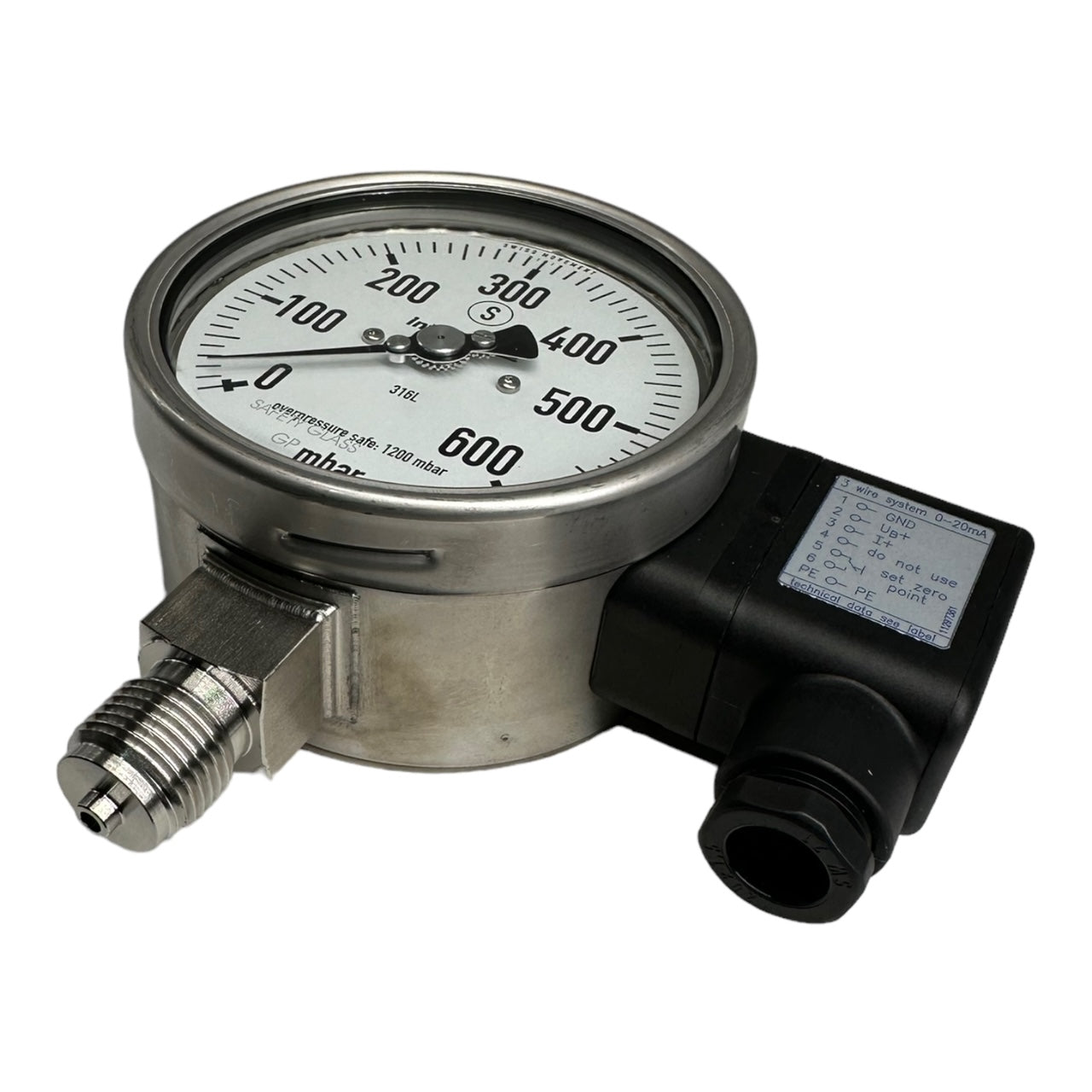 WIKA PGT23.100 Manometer mit Ausgangssignal G1/2 unten 0-600mbar