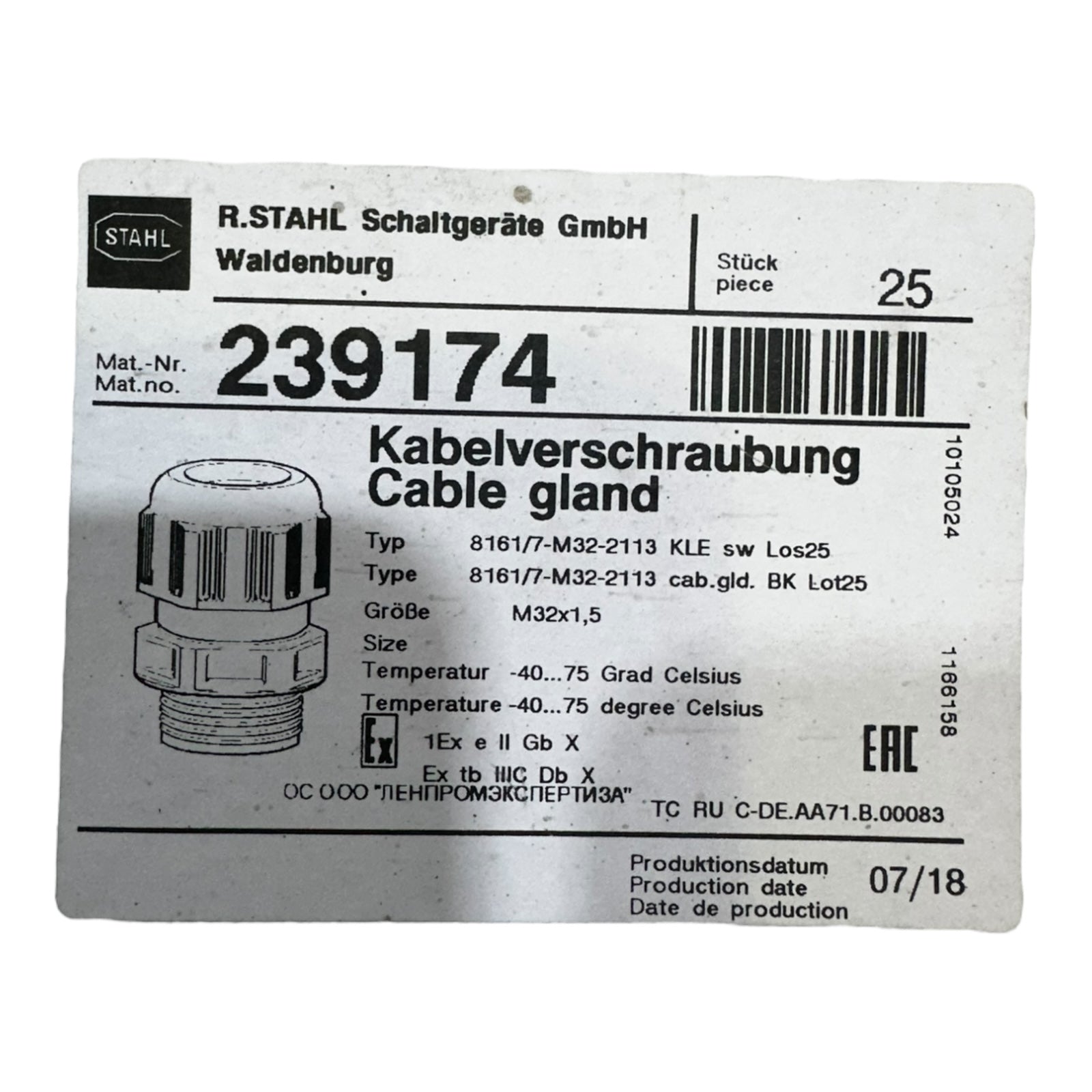 20x Stahl 239174 M32 Kabelverschraubung + Gegenmutter schwarz M32x1,5 EX