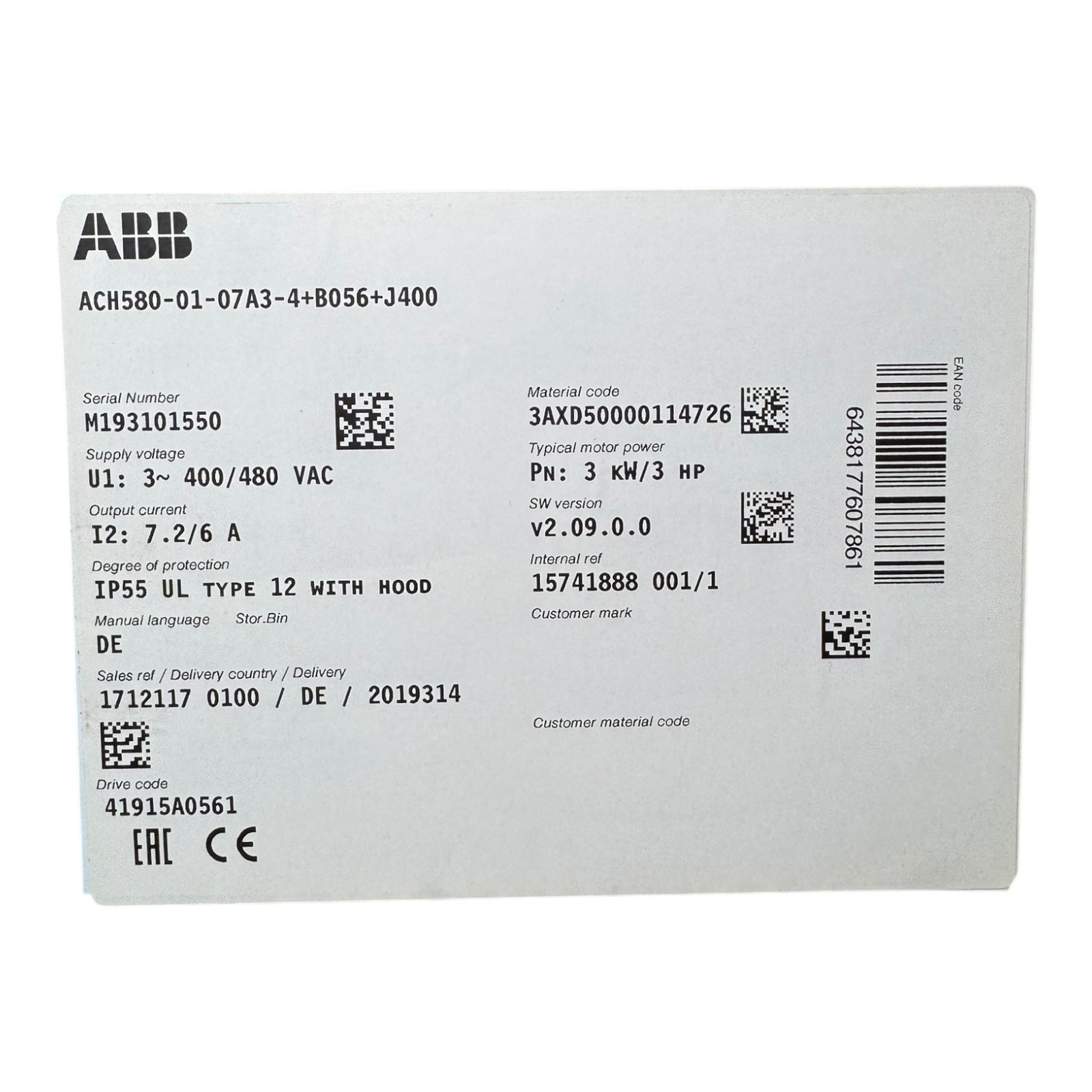 ABB ACH580-01-07A3-4+B056 Frequenzumrichter 3PH 7.2A 3kW 98W 400/480Vac